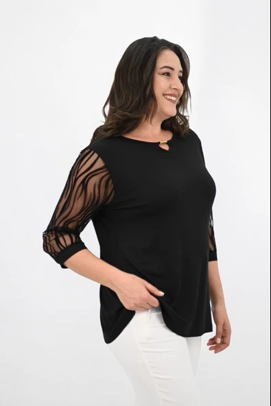 Kadın Büyük Beden Tül Detaylı Aksesuar Yaka Bluz 1864-25 - 5