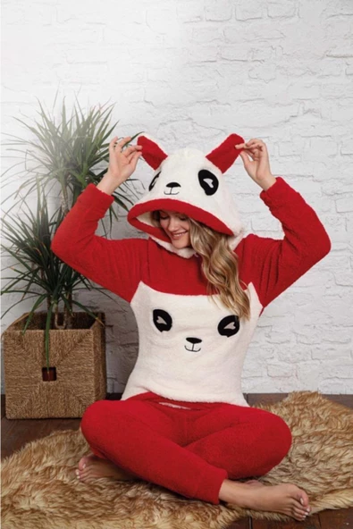 Panda Model Kapüşonlu Polar Kadın Pijama Takımı
