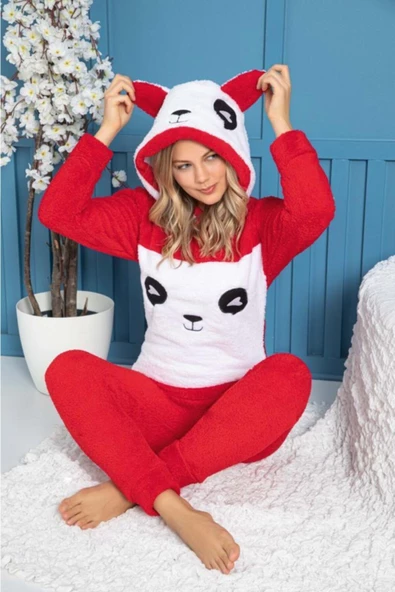 Panda Model Kapüşonlu Polar Kadın Pijama Takımı