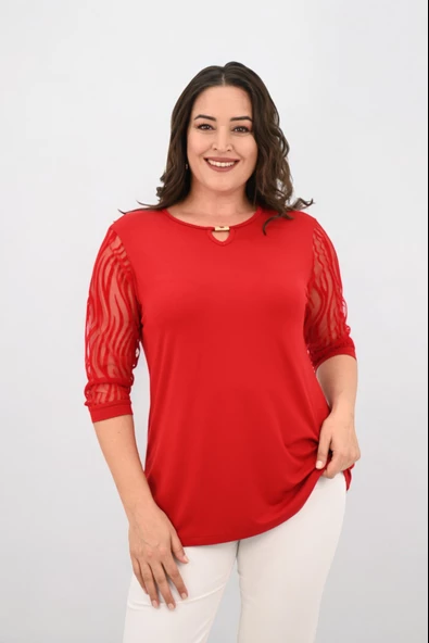 Kadın Büyük Beden Tül Detaylı Aksesuar Yaka Bluz 1864-25 - 8
