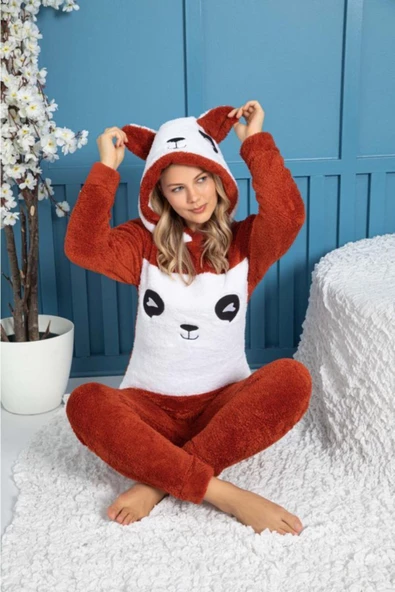 Panda Model Kapüşonlu Polar Kadın Pijama Takımı