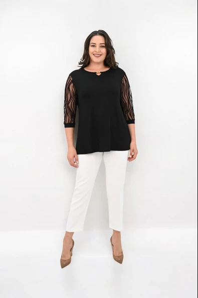 Kadın Büyük Beden Tül Detaylı Aksesuar Yaka Bluz 1864-25 - 3