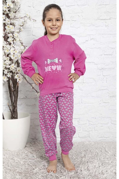 Kız Çocuk Interlok Pembe Pijama Takımı