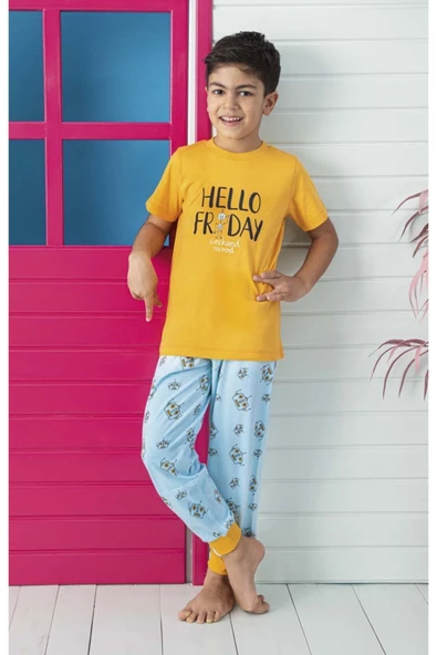 Hello Friday Erkek Çocuk Interlok Sarı Pijama Takımı