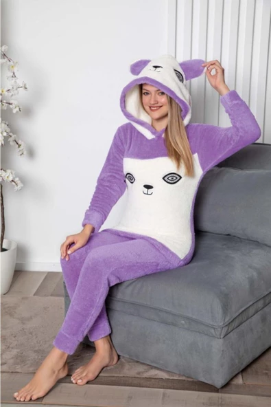 Panda Model Kapüşonlu Polar Kadın Pijama Takımı