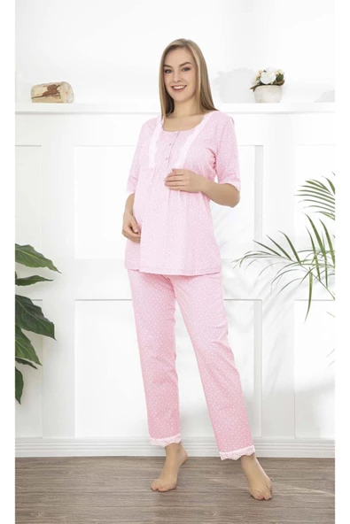 Puantiyeli Fırfırlı Kadın Hamile Pijama Takımı