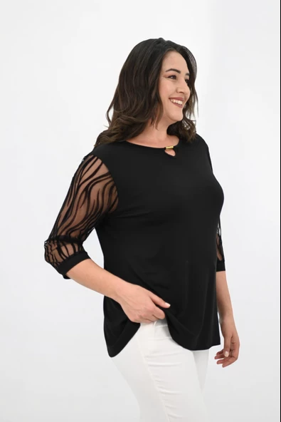 Kadın Büyük Beden Tül Detaylı Aksesuar Yaka Bluz 1864-25 - 5