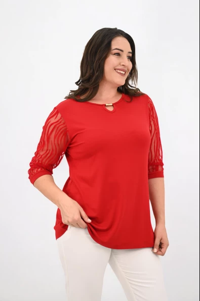 Kadın Büyük Beden Tül Detaylı Aksesuar Yaka Bluz 1864-25 - 11