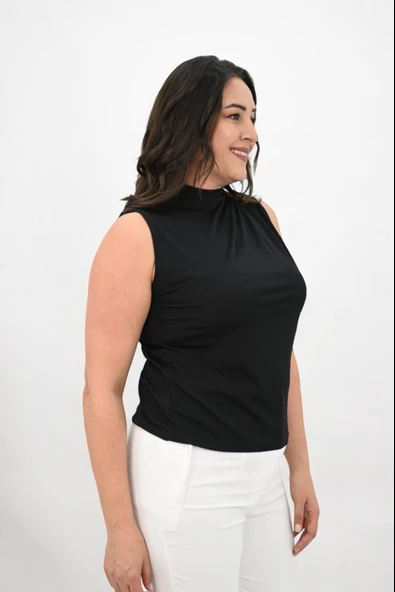 Kadın Büyük Beden Drape Detaylı Dik Yaka Bluz 1851-25 - 5