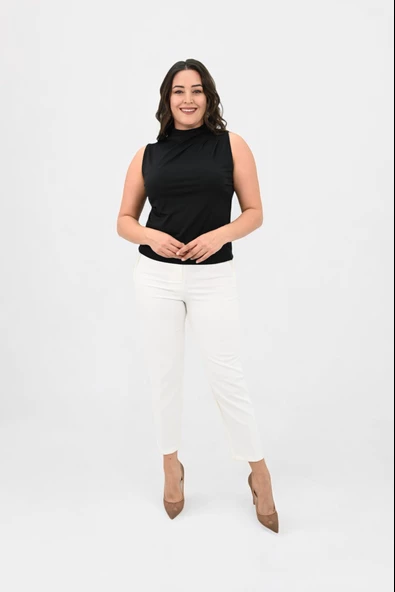 Kadın Büyük Beden Drape Detaylı Dik Yaka Bluz 1851-25 - 3