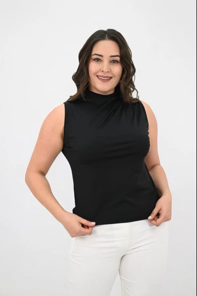 Kadın Büyük Beden Drape Detaylı Dik Yaka Bluz 1851-25 - 2