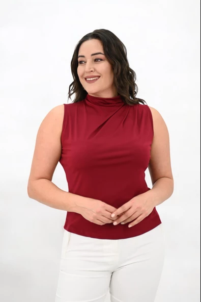 Kadın Büyük Beden Drape Detaylı Dik Yaka Bluz 1851-25 - 10