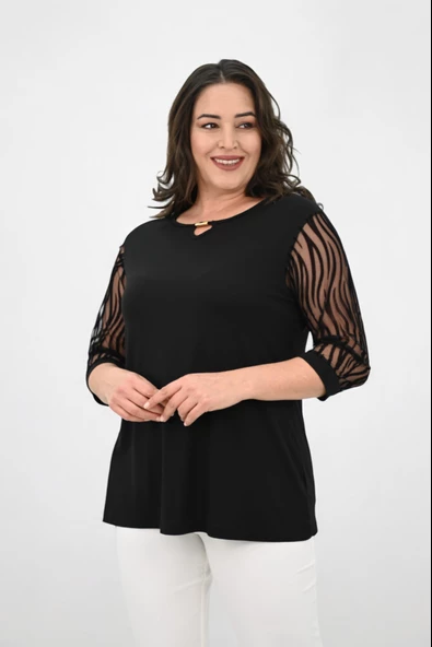 Kadın Büyük Beden Tül Detaylı Aksesuar Yaka Bluz 1864-25 - 4