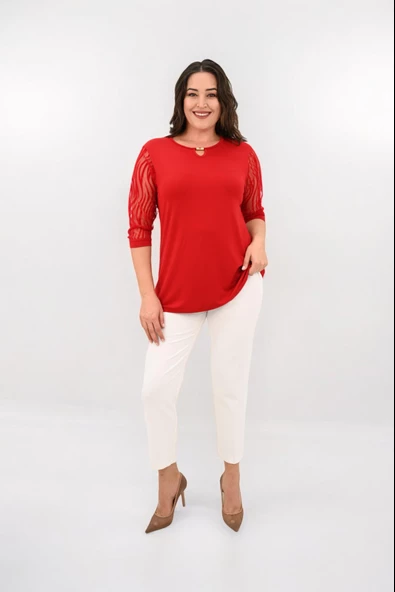 Kadın Büyük Beden Tül Detaylı Aksesuar Yaka Bluz 1864-25 - 9