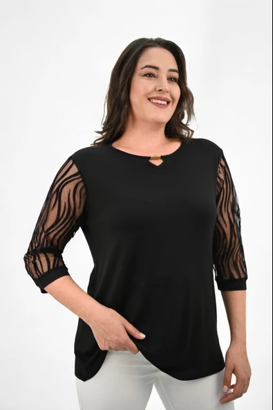 Kadın Büyük Beden Tül Detaylı Aksesuar Yaka Bluz 1864-25 - 7