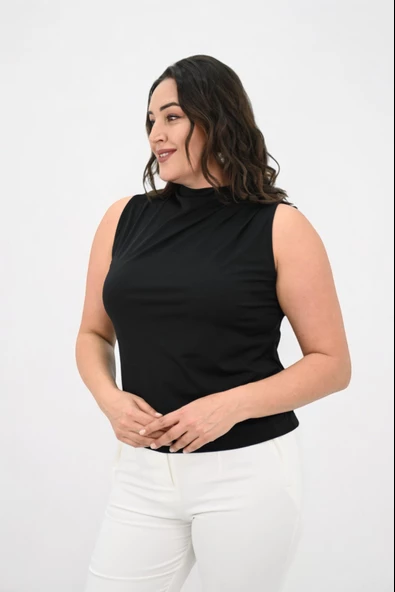 Kadın Büyük Beden Drape Detaylı Dik Yaka Bluz 1851-25 - 4