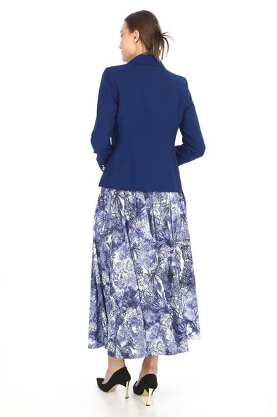 İç Bluzlu Blazer Ceketli Etekli Üçlü Takım 4711-Saks - 4