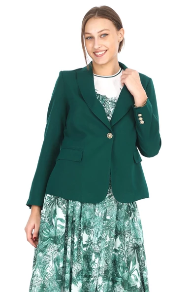 İç Bluzlu Blazer Ceketli Etekli Üçlü Takım 4711-Zümrüt Yeşili - 2