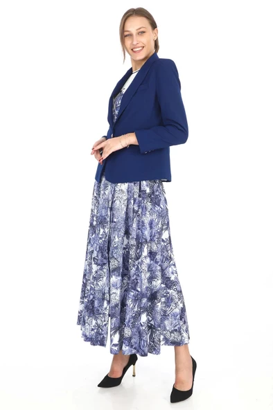 İç Bluzlu Blazer Ceketli Etekli Üçlü Takım 4711-Saks - 3