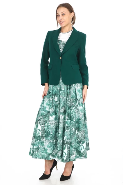 İç Bluzlu Blazer Ceketli Etekli Üçlü Takım 4711-Zümrüt Yeşili - 3