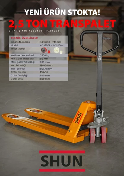 Shun 2.5 Ton Kapasiteli Kırmızı Teker Transpalet ACS250P - 2