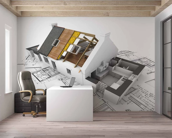 Ev Çizimi Çizim Emlak ve Gayrimenkul Duvar Kağıdı Baskı - Resim 3