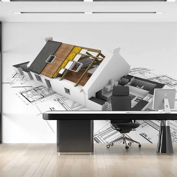 Ev Çizimi Çizim Emlak ve Gayrimenkul Duvar Kağıdı Baskı - Resim 2