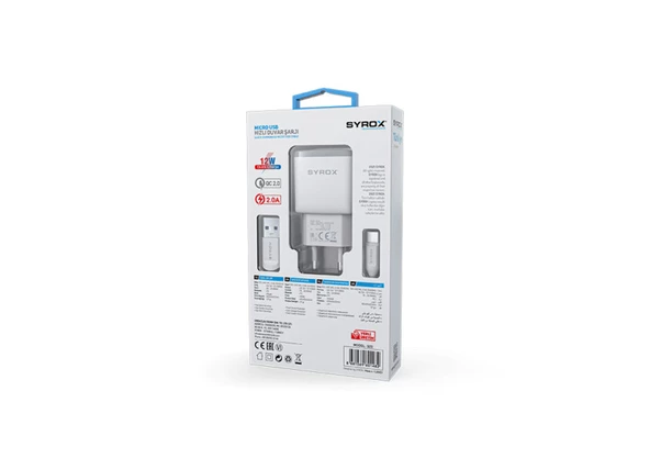 Syrox Q20 2.0A 1mt Kablolu Micro USB Hızlı Şarj Cihazı - Beyaz - Resim 3