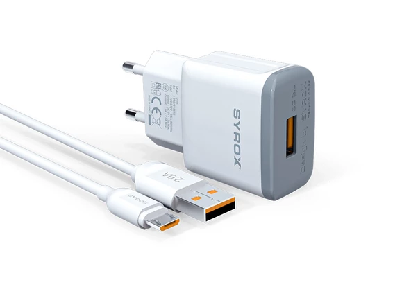 Syrox Q20 2.0A 1mt Kablolu Micro USB Hızlı Şarj Cihazı - Beyaz