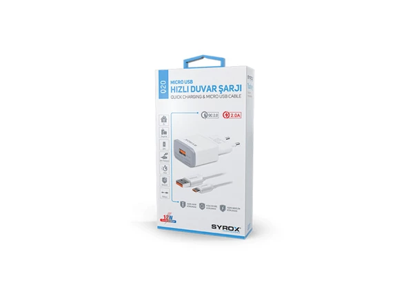 Syrox Q20 2.0A 1mt Kablolu Micro USB Hızlı Şarj Cihazı - Beyaz - Resim 2