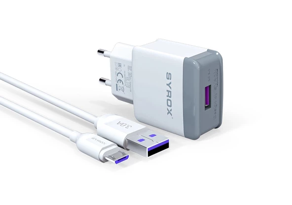 Syrox Q30 3.0A 18W 1mt Kablolu Micro USB Hızlı Şarj Cihazı - Beyaz