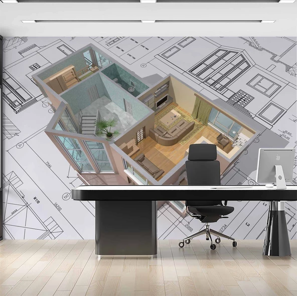 Mimari Çizim Emlak ve Gayrimenkul Duvar Kağıdı Baskı - Resim 2