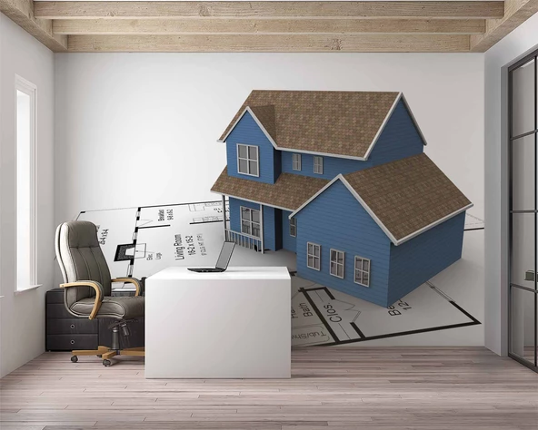 Mimari Ev Çizimi Emlak ve Gayrimenkul Duvar Kağıdı Baskı - Resim 3