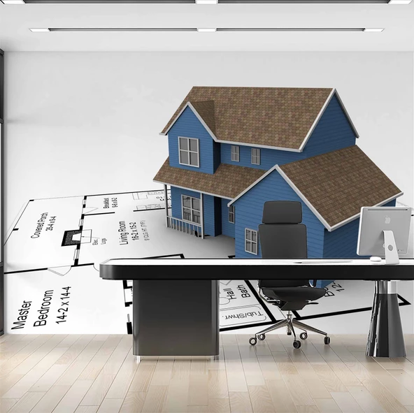 Mimari Ev Çizimi Emlak ve Gayrimenkul Duvar Kağıdı Baskı - Resim 2