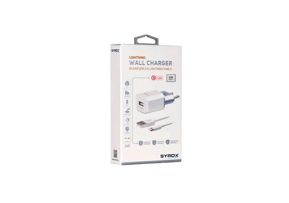 Syrox J46 1.6A 1mt Kablolu Lightning Şarj Cihazı - Beyaz - 2