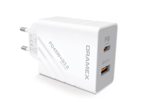 Dramex DPQ45B Quantum 45W PD QC 3.0 Süper Hızlı Çift Çıkışlı Şarj Cihazı - Beyaz