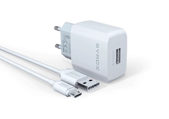 Syrox J47 2.6A 1mt Kablolu Micro USB Şarj Cihazı - Beyaz