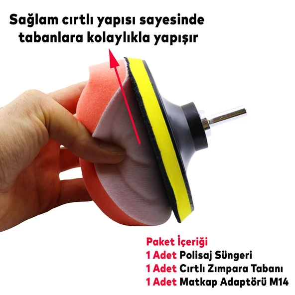 Oto Araç Araba Pasta Cila Polisaj Süngeri + 115 mm Taban + Matkap Adaptörü Parlatıcı Çizik Giderici 3'Lü SET - 2