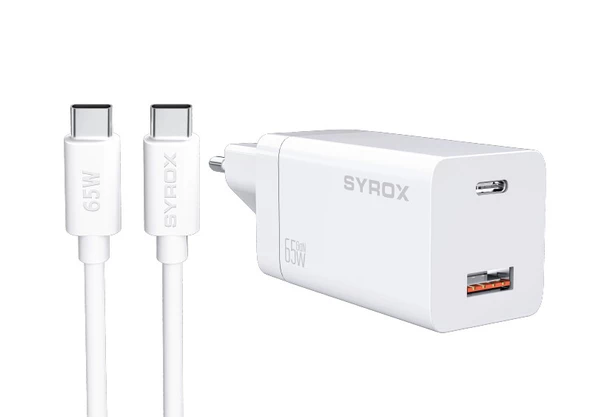 Syrox GaN65W 65W PD QC 3.0 1mt Kablolu Type-C Süper Hızlı Çift Çıkışlı Şarj Cihazı - Beyaz