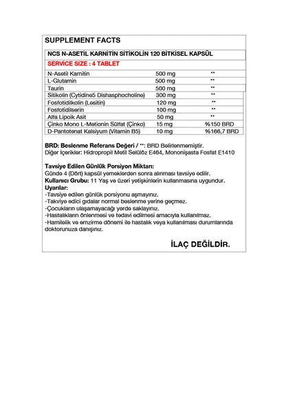 Ncs N-Asetil Karnitin Sitikolin L-Glutamin Taurin 120 Bitkisel Kapsül - Resim 3