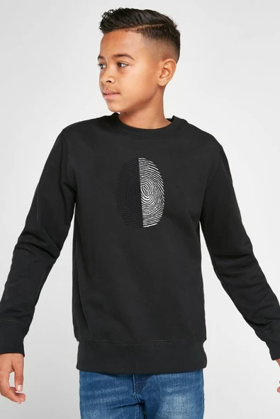 Siyah Beyaz Parmak İzi Siyah Çocuk 2ip Sweatshirt