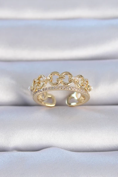 Pirinç Gold Renk Zirkon Taşlı İnci Detay Kadın Yüzük - TJ-BYK3334 ürün görseli