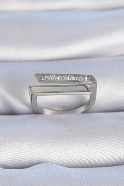 Pirinç Gümüş Renk Zirkon Taşlı Beyaz Sedef Detay Kadın Yüzük - TJ-BYK3349 ürün görseli