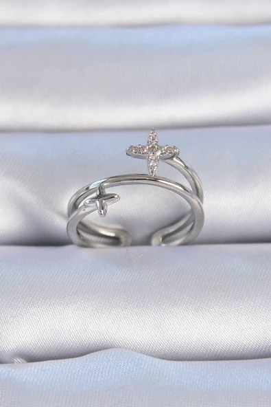 Pirinç Gümüş Renk Zirkon Taşlı Yıldız Model Kadın Yüzük - TJ-BYK3329 ürün görseli