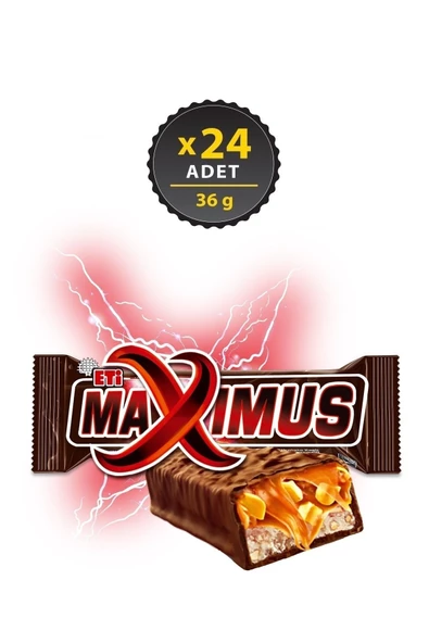 Eti Maximus Sütlü Çikolata Kaplı Yer Fıstıklı Karamelli Nuga Bar 36 g x 24 Adet