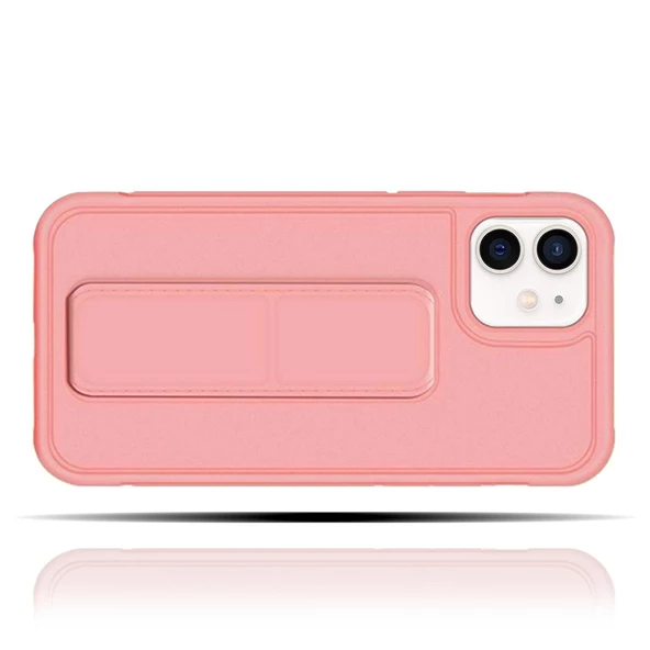 Apple IPhone 12 Uyumlu Rose Gold Yumuşak Silikon Standlı Tutacaklı (Tutamaçlı) Telefon Kılıfı - 2