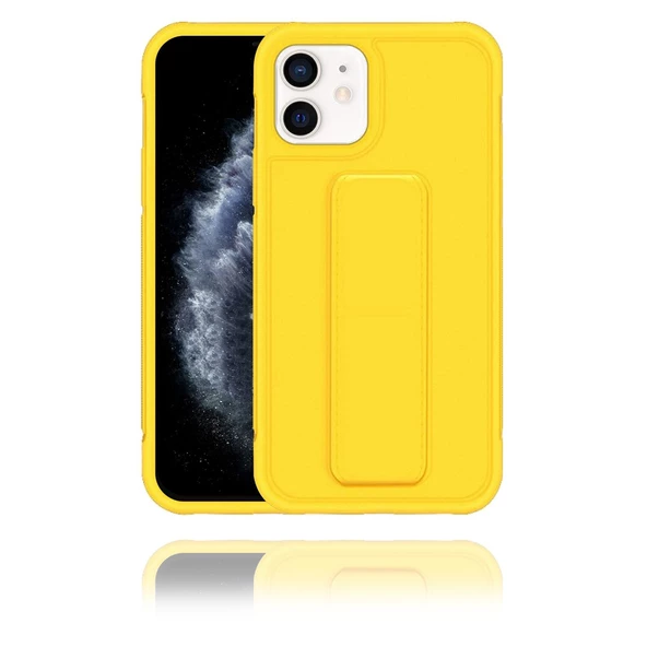 Apple IPhone 12 Uyumlu Mat Sarı Yumuşak Silikon Standlı Tutacaklı (Tutamaçlı) Telefon Kılıfı - 1
