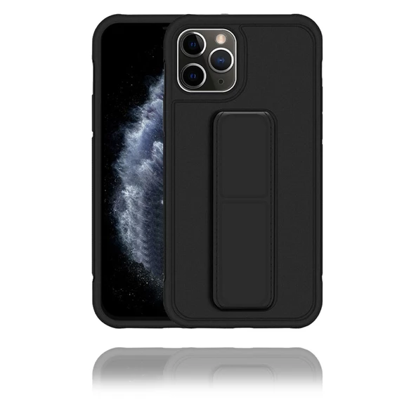 IPhone 11 Pro Uyumlu Mat Siyah Silikon Standlı Tutacaklı Telefon Kılıfı - 1