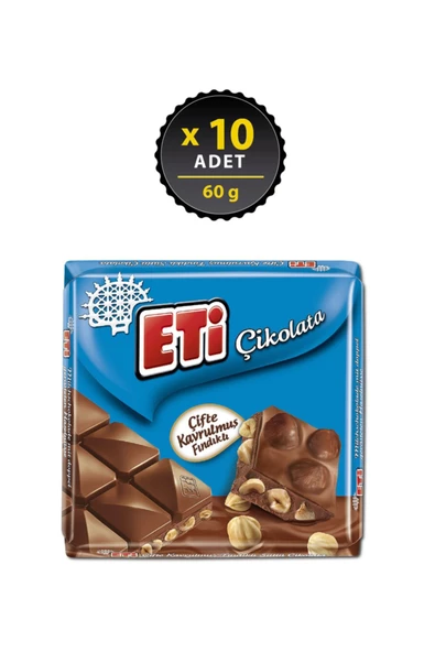 Eti Çikolata Çifte Kavrulmuş Fındıklı Sütlü Kare 60 g x 10 Adet