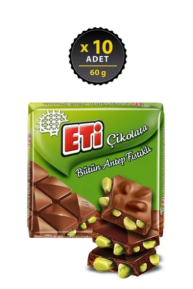 Eti Çikolata Antep Fıstıklı Kare 60 g x 10 Adet